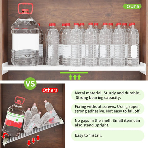 Expandable Closet Shelves Set showing stability with water bottles, comparing no-drill adhesive install vs unstable alternative.