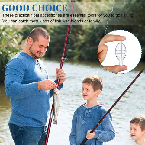 Father and son fishing with 50 Pieces Spin Floats Fishing Bobbers Set For Slip Cast And Spin Casting Small Floats Tackle Accessories.