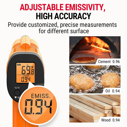 2-In-1 Infrared Thermometer Gun With Laser And Meat Thermometer Digital showing emissivity settings for different surfaces.