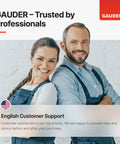 Two people smiling with GAUDER logo, providing English customer support for satisfaction and help with purchases.