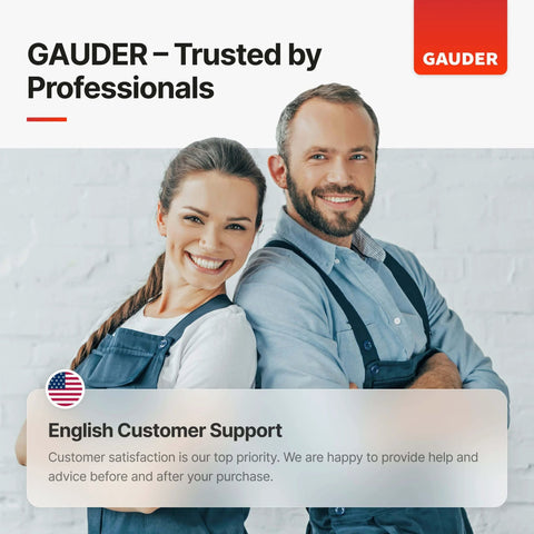 Two people smiling with GAUDER logo, providing English customer support for satisfaction and help with purchases.