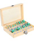 15 Piece Tungsten Carbide Router Bit Set With Wooden Case for woodworking, displayed in open wooden storage