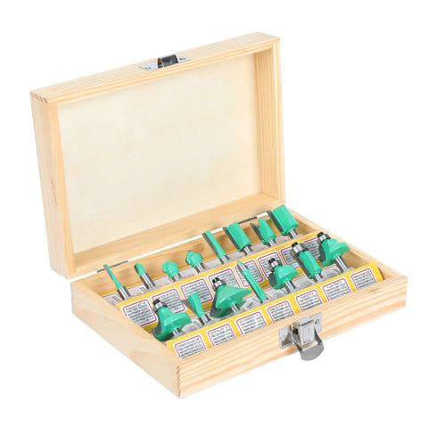 15 Piece Tungsten Carbide Router Bit Set With Wooden Case for woodworking, displayed in open wooden storage