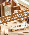 Wooden toy car being glued with clear instant CA glue; hand applying Amazon-branded wood glue in a woodworking setup.