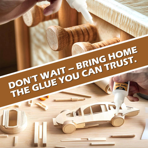 Wooden toy car being glued with clear instant CA glue; hand applying Amazon-branded wood glue in a woodworking setup.