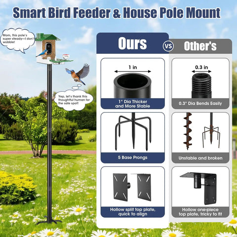 Beefy 79 Inch Bird Feeder Pole Stand For Outdoors Adjustable Steel Mounting Pole With 1 Inch Diameter Post Weatherproof Black Coating