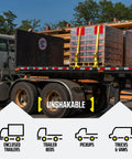 Truck loaded with cargo secured by rugged 2 inch by 27 foot tie down straps pack of 4 with flat hooks heavy duty ratchet cargo straps