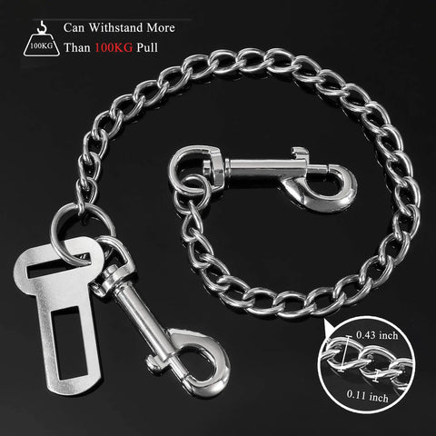 Badass Stainless Steel Dog Car Seatbelt No Chew Pet Safety Restraint Cable with durable chain and clips for secure travel.