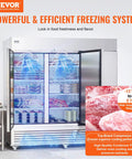 Pro Grade 60 Cu Ft Commercial Reach In Freezer Built Like A Tank With Three Door Setup Auto Defrost Stainless Steel Body with food items.