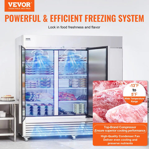 Pro Grade 60 Cu Ft Commercial Reach In Freezer Built Like A Tank With Three Door Setup Auto Defrost Stainless Steel Body with food items.