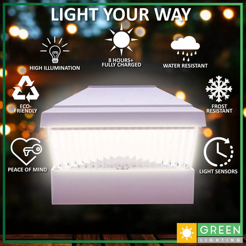 12 Pack Solar Post Cap Lights for 5x5 PVC Posts, Classic 2 Design, illuminated with eco-friendly features and decorative icons.