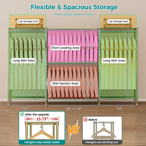 Kickass Heavy Duty Portable Closet Rack With Adjustable Metal Shelves, showing flexible storage areas for clothes and hangers.