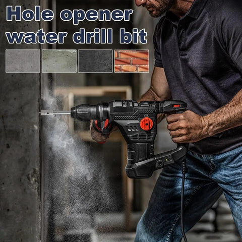 Heavy Duty Hole Saw Kit For Efficient Concrete Drilling With Wear Resistant Carbide Bits Perfect For Plumbing And Masonry Installations To Tackle Tough Construction Sites Smooth Performance Guaranteed, man drilling concrete