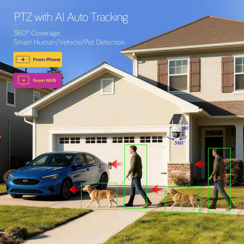 No Monthly Fee Solar Wireless Security Camera Outdoor With PTZ And AI Tracking monitoring a driveway with person and dog detection