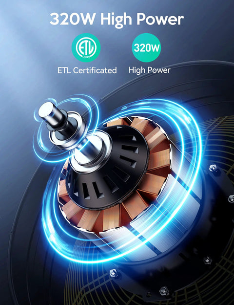 Close-up of the 320W motor from a 24 Inch Industrial Drum Fan With 320W High Velocity Power, highlighting high power and ETL certification.