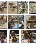 Collage showing 3D Wooden Airship Puzzle For Adults, Steampunk Vibe Fantasy Model Kit with intricate pieces and assembled views.