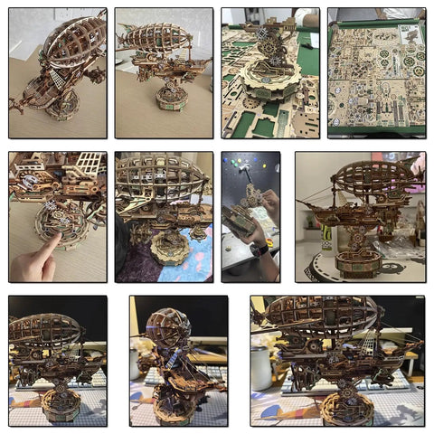 Collage showing 3D Wooden Airship Puzzle For Adults, Steampunk Vibe Fantasy Model Kit with intricate pieces and assembled views.