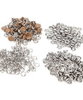 All-in-One DIY-Friendly 100-Piece Brass Snap Fasteners Kit Gold Tone for Crafting, Sewing and Leather Work, Rustproof and Durable with Hollow and Solid Snaps, Equal Male and Female Pieces, Easy Install brass snaps set shown in four piles