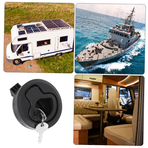 Angoily flush pull latch kit, 4pcs, on RV cabinet doors; marine-grade locking mechanism.

Marine vessel at sea background illustrating use of RV/boat latch hardware.

Close-up of Angoily flush pull latch with key lock in black circular housing.

Interior of a motorhome/camper with seating and table showing latch installation area.