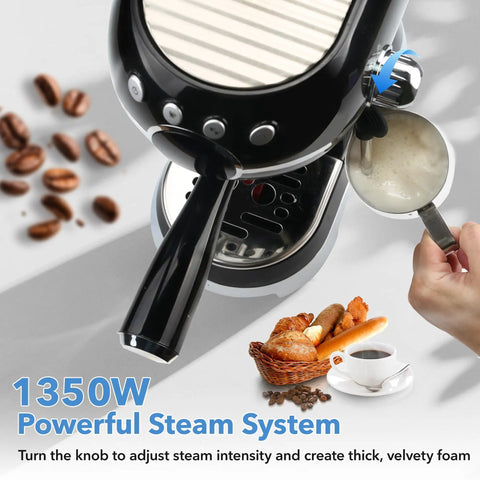 Compact Espresso Machine With 20 Bar Pressure And Built In Milk Frother, features steam wand for frothing milk.