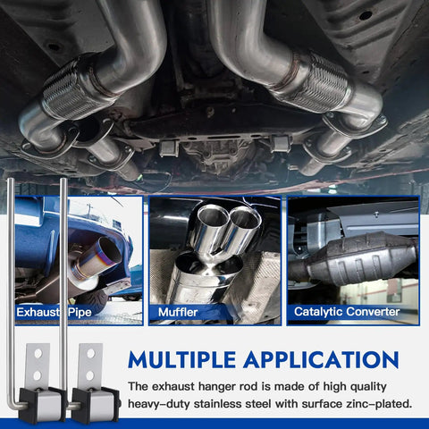 Beefy Heavy Duty Stainless Steel Exhaust Hanger Rods, 3/8 Inch By 10 Inch, and muffler system under vehicle view