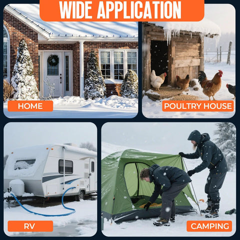 Scilulu 30ft heated RV water hose with freeze protection to -45°F; shown for home, poultry house, RV, and camping use.