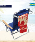 Lay Flat Five Position Backpack Beach Chair with towel bar on sand near ocean