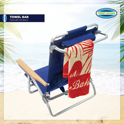 Lay Flat Five Position Backpack Beach Chair with towel bar on sand near ocean