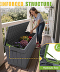 Woman opening 82 Gallon Outdoor Storage Box With Lid For Patio Furniture Garden Tools And Pool Supplies Weatherproof UV Resistant Lockable Gray Backyard Organizer Pro