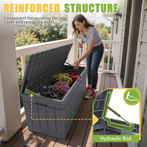 Woman opening 82 Gallon Outdoor Storage Box With Lid For Patio Furniture Garden Tools And Pool Supplies Weatherproof UV Resistant Lockable Gray Backyard Organizer Pro