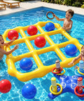 Two-In-One Inflatable Pool Game Center With Giant Floating Tic Tac Toe And Cross Ring Toss in backyard pool setting