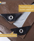 Close-up of Heavy Duty Waterproof Tarp 20x40 Feet Poly Tarpaulin Cover In Brown And Bright Silver with reinforced corners