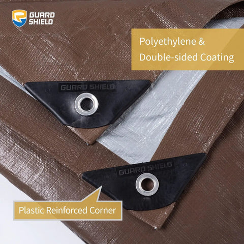 Close-up of Heavy Duty Waterproof Tarp 20x40 Feet Poly Tarpaulin Cover In Brown And Bright Silver with reinforced corners