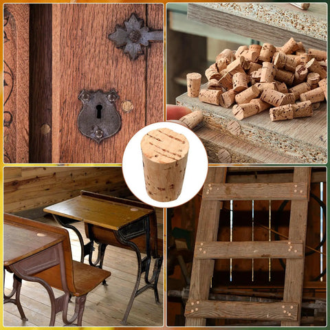 Carpenter Bee Corks 200 Count Kit For Small Holes In Furniture, Tapered Soft Wood Plugs, image of corks with wood furniture and repairs