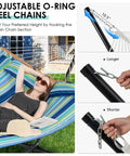 Woman lying on a 10.5Ft Double Hammock With Curved Spreader Bars For Two People, Heavy Duty Outdoor Hammock With Detachable Pillow, Blue Green Color For Porch Patio And Outside, Stand Not Included, Hangout Ready
