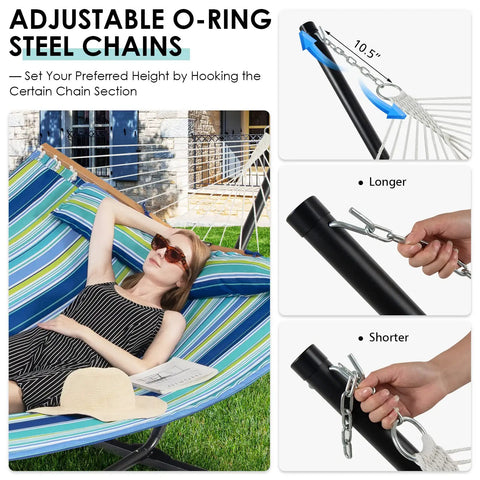 Woman lying on a 10.5Ft Double Hammock With Curved Spreader Bars For Two People, Heavy Duty Outdoor Hammock With Detachable Pillow, Blue Green Color For Porch Patio And Outside, Stand Not Included, Hangout Ready