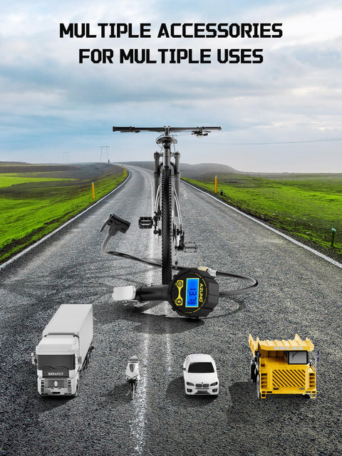 Universal Presta And Schrader Valve Adapter With 200 PSI Pressure Gauge Dual Port Inflator Hose Easy Bike Tire Inflator shown with vehicles and bike on road