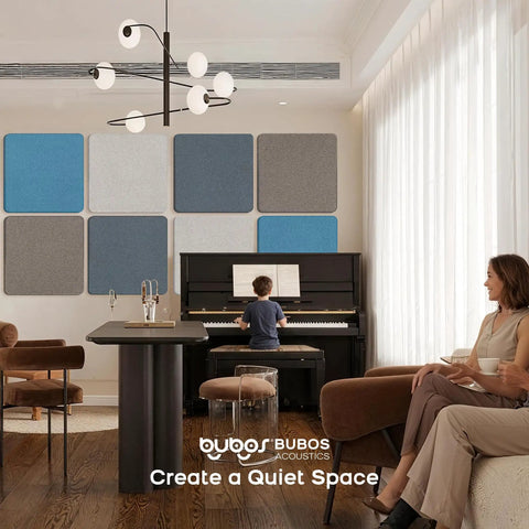 Rock Solid Four Pack Fabric Acoustic Wall Panels Engineered To Ditch Bad Echoes And Level Up Your Home Studio Or Game Room With High Density Foam Cores on wall in modern living space.
