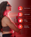 Next Gen Red Light Therapy Glasses Extra Dark Ir5 Lenses Shield Peepers With Near Infrared Light For Ageless Glow Vibe Zero Wrinkle Stress And Skincare Flexes Smart Lens Design worn by a woman with red light treatment.