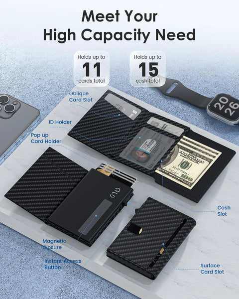 RFID Blocking Wallet For Men With Pop Up Card Holder And Trifold Slim Design For Front Pocket Holds 9 To 11 Cards Plus ID Window