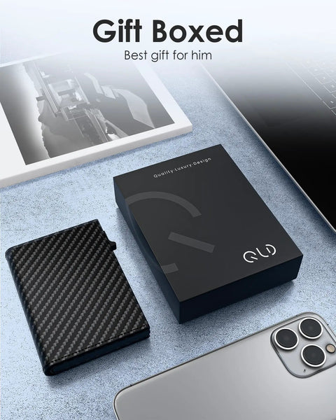 RFID Blocking Wallet For Men With Pop Up Card Holder And Trifold Slim Design next to gift box on desk