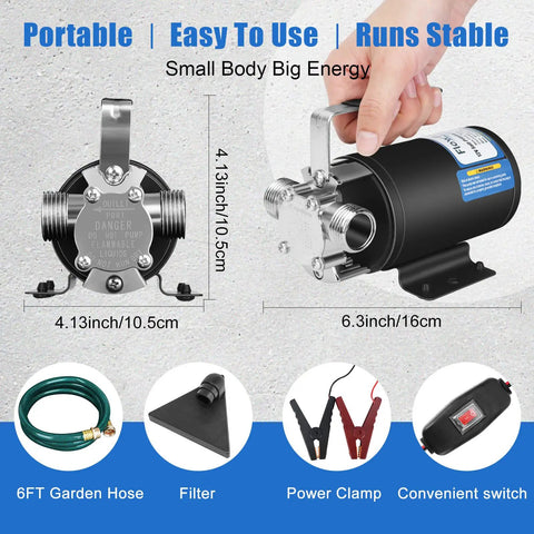 12V Water Transfer Pump 330 GPH Electric Utility Pump With Three Quarter Inch Ports Suction Hose And Spare Parts displayed