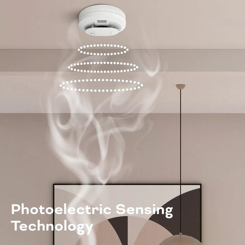 Hardwired Smoke And Carbon Monoxide Detector with AA Battery Backup, mounted on ceiling, emitting sensor signals
