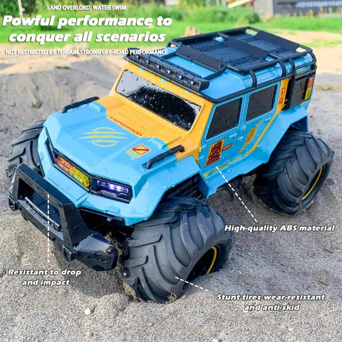 Amphibious Remote Control Car Waterproof Beast RC Vehicle 4WD on sandy terrain showcasing robust build and LED headlights