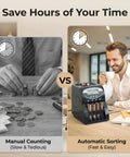 Comparison of manual counting coins versus the No Sweat Heavy Duty Coin Counter And Auto Wrapper Machine for fast sorting.