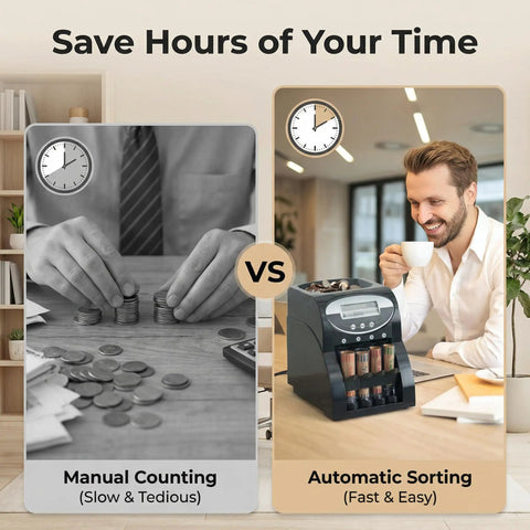 Comparison of manual counting coins versus the No Sweat Heavy Duty Coin Counter And Auto Wrapper Machine for fast sorting.