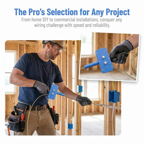 Pro Grade Power Drill Wire Puller With Heavy Duty Steel Body And Twenty Meter Fish Tape Included For Fast Track Conduit Threading used for wiring in a construction site.