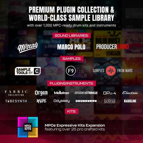 Premium plugin and sample library collection with over 1,000 MPC-ready drum kits and instruments, featuring MPCe Kits expansion.