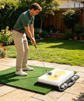 Man practicing on Chipping And Sand Trap Golf Practice Mat For Backyard And Indoor Use With Realistic Sand Simulation To Improve Sand Save
