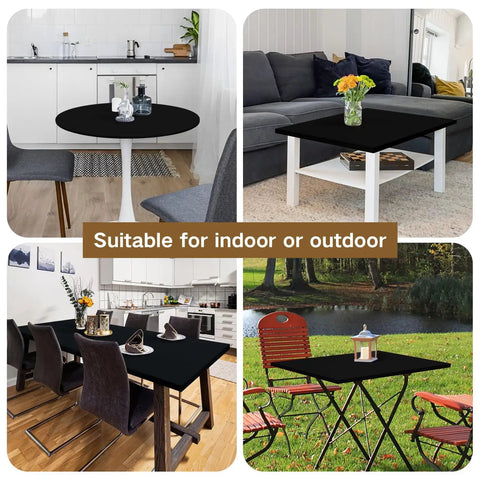 Fitted Card Table Cover For 34 By 34 Inch Square Tables Elastic Waterproof Tablecloth In Black shown in indoor and outdoor settings